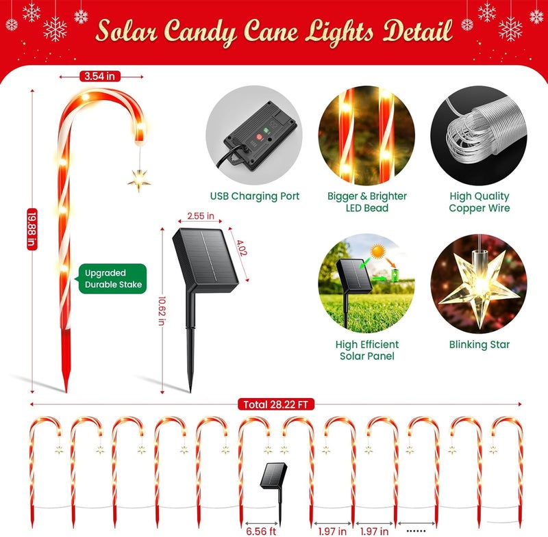 BUCASA 24 Pack Christmas Decorations Outdoor Solar Candy Cane Lights, Solar Christmas Pathway Lights with USB Charge, 10 Modes 144 LEDs Waterproof Outdoor Christmas Decorations for Yard Garden Pathway - Image 4